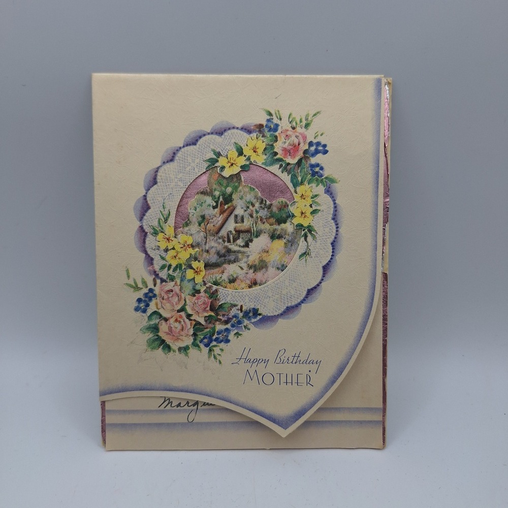 Vintage Happy Birthday Mother Card Marguerite Everett‎ Floral Scene